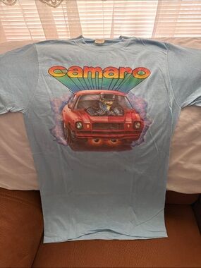 Camaro Graphic Tee - Light Blue Short Sleeve Shirt. Size medium